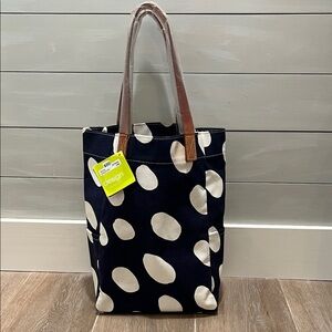 Donna Gorman Polka Dot Hand Painted Leather handled Tote Bag - Navy and White